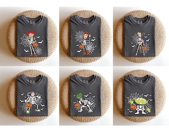 Toy Story Characters Skeleton Shirts, Woody Buzz Jessie Bo Peep Rex Alien Matching Halloween Tees, Halloween Family Trip, Halloween Party