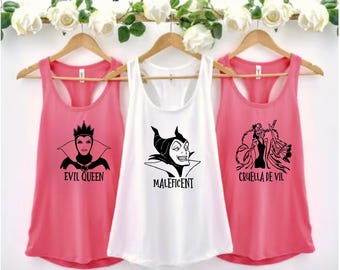 Women's Villains Racerback Tank Tops, Evil Queen Maleficent Ursula Mother Gothel Cruella Queen of Hearts Matching Tanks, Halloween Party Top