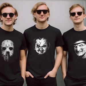 three young men wearing t - shirts with the faces of three different characters on them