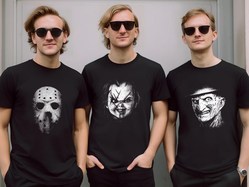 three young men wearing t - shirts with the faces of three different characters on them