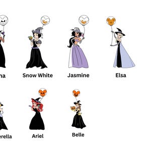 Witch Princesses with Balloons Halloween Shirt, Girls Matching Princess Halloween Tees, Ariel Cinderella Tiana Belle Elsa Jasmine Party Tees image 6