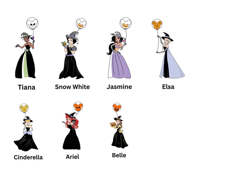 Witch Princesses with Balloons Halloween Shirt, Girls Matching Princess Halloween Tees, Ariel Cinderella Tiana Belle Elsa Jasmine Party Tees image 6