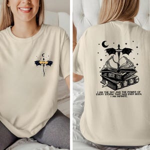 The image is a collage of two photos featuring a woman wearing a white t-shirt with a dragon design and a quote on the back.