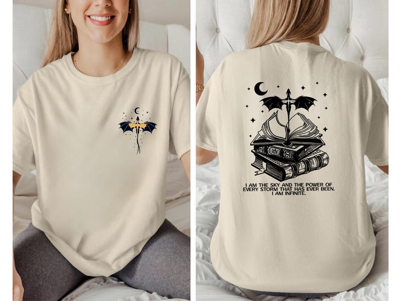 The image is a collage of two photos featuring a woman wearing a white t-shirt with a dragon design and a quote on the back.