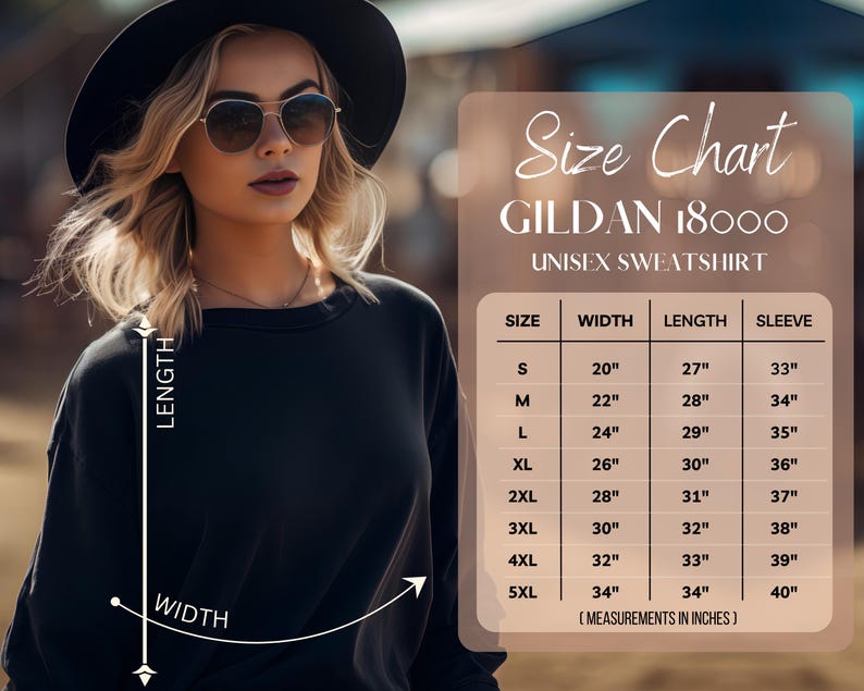 Puede incluir: Una mujer con una sudadera negra y gafas de sol, con una tabla de tallas para una sudadera unisex Gildan 18000. La tabla muestra medidas en pulgadas para ancho, largo y largo de manga, desde la talla S hasta la 5XL.
