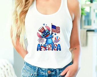 Stitch 4th of July Racerback Tank, Patriotic Stitch, American Flag Women's Tank Tops, Independence Day, Next Level Women Racerback Tops