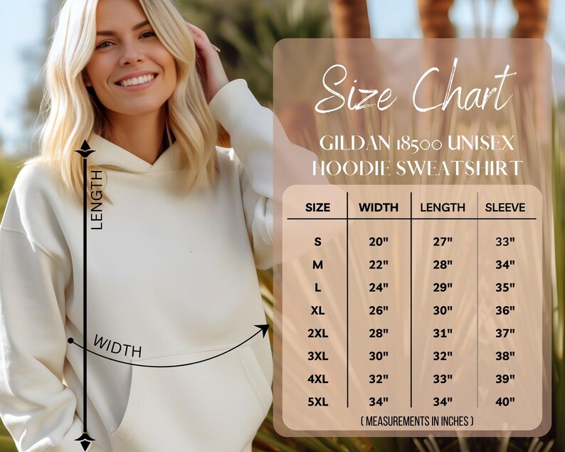 Puede incluir: Sudadera con capucha unisex de color crema con una tabla de tallas. La tabla muestra las medidas en pulgadas para el ancho, el largo y el largo de la manga, que van desde la talla peque&ntilde;a hasta la 5XL. La sudadera tiene un bolsillo delantero y una capucha.