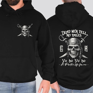 A black hoodie with a pirate-themed design and text on the back.