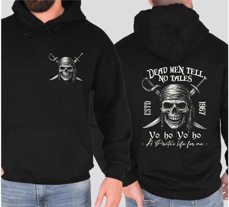 A black hoodie with a pirate-themed design and text on the back.