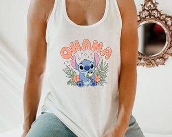 Stitch Ohana Racerback Tank, Ohana Means Family, Stitch Women's Summer Tank, Cute Blue Monster Stitch Fans Disney Tee