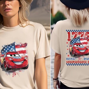 a woman wearing a t - shirt with a picture of a car on it