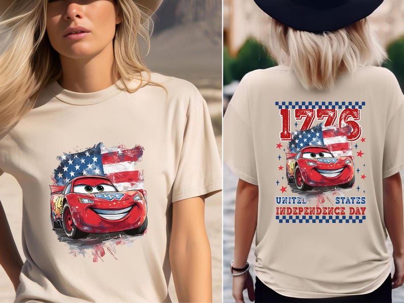 a woman wearing a t - shirt with a picture of a car on it