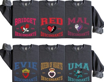 Suéteres a juego de Descendientes, El Origen de Rojo, Sudaderas con capucha de Bridget, Malefiz, Jay, Chloe, Uma, Reina de Corazones y Evie, Regalos para fans de Descendientes