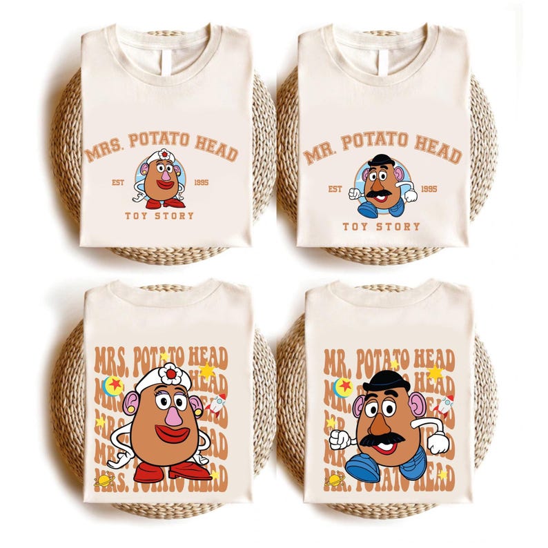 four white t-shirts with the same design featuring the character Mrs. Potato Head from the Toy Story franchise.