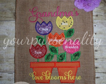 Love grows here burlap,Mothers Day gift, burlap garden flag, fathers day gift, mimis love, nanas garden, grandma gift, gift for her