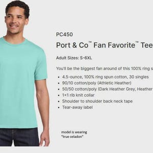 Może przedstawiać: T-shirt z kr&oacute;tkim rękawem w kolorze celadonowym z okrągłym dekoltem. Tekst brzmi: PC450 Port & Co Fan Favorite Tee, Adult Sizes: S-6XL, 4.5-ounce, 100% ring spun cotton, 30 singles, 90/10 cotton/poly, 50/50 cotton/poly, 1x1 rib knit collar.