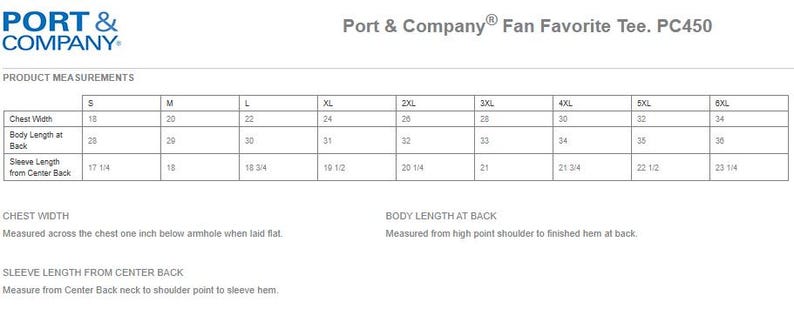 Może przedstawiać: Tabela rozmiar&oacute;w koszulki Port & Company Fan Favorite PC450 z wymiarami w calach dla rozmiar&oacute;w od S do 6XL. Tabela zawiera szerokość klatki piersiowej, długość tyłu oraz długość rękawa mierzoną od środka plec&oacute;w, wraz z definicjami każdego pomiaru.