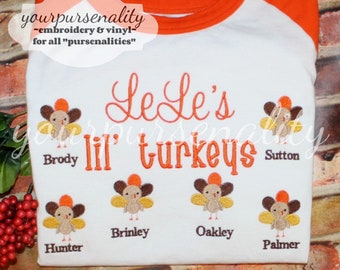 Grandma's lil turkeys, LeLe's little turkeys, Grandpa, Mimmy, Mamaw, Papaw, Poppy, embroidered tee, personalized tee from yourpursenality