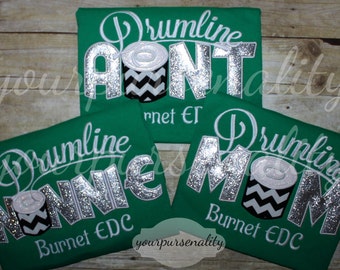 Drumline Mom shirt, Drumline Dad shirt, grandma grandpa, aunt, uncle, glitter tee, handmade by yourpursenality