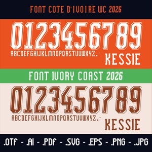 Peut inclure: Une conception de police numérique avec les chiffres 0-9 et l'alphabet, avec le texte "FONT COTE D'IVOIRE WC 2026" et "FONT IVORY COAST 2026". La conception comprend le nom "KESSIE" et les extensions de type de fichier.