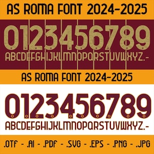 Può includere: Un font digitale progettato per la squadra di calcio AS Roma. Il font include i numeri da 0 a 9 e le lettere dalla A alla Z. Il font è in stile bold e a blocchi, con uno schema di colori marrone e oro. Il testo "AS ROMA FONT 2024-2025" appare due volte nella parte superiore e inferiore dell'immagine. Il testo "OTF - .AI - .PDF - .SVG - .EPS - .PNG - .JPG" appare nella parte inferiore dell'immagine.