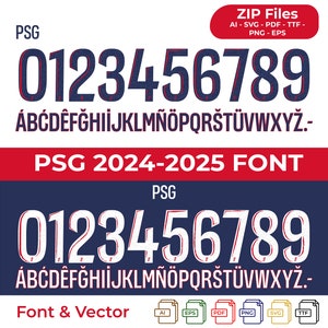 Peut inclure: Une police de caractères numérique pour les chiffres de 0 à 9 et les lettres de l'alphabet. La police est de style gras et en bloc, avec un contour rouge et un remplissage blanc. La police est intitulée "PSG 2024-2025 FONT".