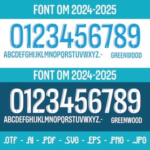 May include: A digital font sample with the text "FONT OM 2024-2025" in teal. The numbers 0-9 and the alphabet are displayed in a bold, outlined style. File formats are listed at the bottom.