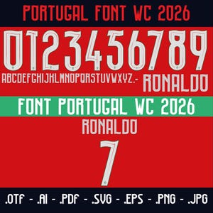 Vektortypsnitt för Portugals hemmatröja 2026, Ronaldo. Vektordesigner i svg-, ai-, pdf-, otf-, eps-, png- och jpg-format.