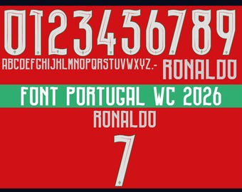 Vector font for Portugal 2026 home shirt, Ronaldo. Vector designs in svg, ai, pdf, otf, eps, png, jpg formats.