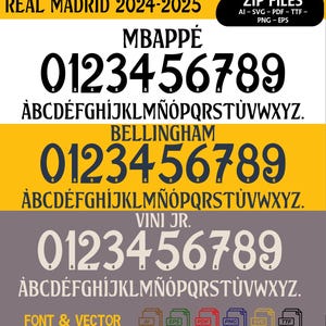May include: A digital font design for Real Madrid 2024-2025 featuring the names Mbappe, Bellingham, and Vini Jr. The font includes numbers 0-9 and the alphabet. The font is available in AI, SVG, PDF, TTF, PNG, and EPS file formats.