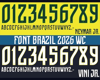 Vector font for Brazil 2026 jersey, Neymar JR, Vinicius JR. Vector designs in svg, ai, pdf, otf, eps, png, jpg formats.