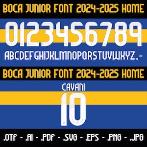 Peut inclure: Une police de caractères blanche avec un contour bleu, comprenant les chiffres de 0 à 9 et les lettres de A à Z, ainsi qu'un tiret et un point. La police est affichée sur un fond rayé bleu et jaune. Le texte "BOCA JUNIOR FONT 2024-2025 HOME" apparaît deux fois en haut et en bas de l'image. Le texte "CAVANI 10" apparaît au centre de l'image. Le texte ".OTF - .AI - .PDF - .SVG - .EPS - .PNG - .JPG" apparaît en bas de l'image.