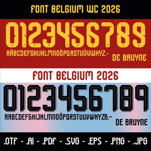 Vectorlettertype voor het Belgische WK-shirt 2026. Vectorontwerpen in svg, ai, pdf, otf, eps, png, jpg-formaten.