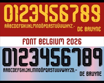 Vectorlettertype voor het Belgische WK-shirt 2026. Vectorontwerpen in svg, ai, pdf, otf, eps, png, jpg-formaten.