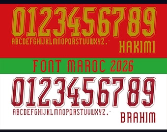 Vectorlettertype voor het Marokkaanse WK-shirt 2026. Vectorontwerpen in svg, ai, pdf, otf, eps, png, jpg-formaten.