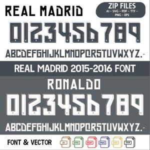 Real Madrid 2015-2016 jersey vector font. Vector designs in svg, ai, pdf, ttf, eps, png format.