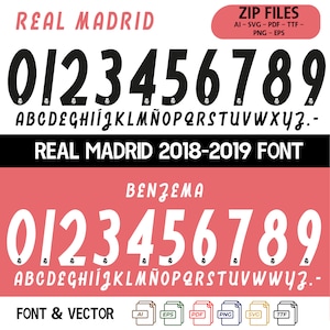 Real Madrid 2018-2019 jersey vector font. Vector patterns format svg, ai, pdf, ttf, eps, png.
