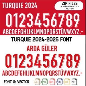 May include: A red and white font design with the text "TURQUIE 2024" and "ARDA GÜLER" in a bold, sans-serif font. The font includes numbers 0-9 and letters A-Z. The text "ZIP FILES" is in a smaller font and lists file types: AI, SVG, PDF, TTF, PNG, EPS. The text "FONT & VECTOR" is at the bottom of the image.