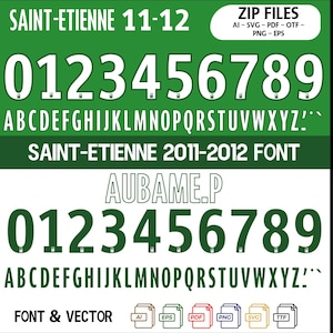 Peut inclure: Graphique numérique de la police Saint-Étienne 2011-2012, avec les chiffres 0-9 et l'alphabet en vert et blanc. Le texte "SAINT-ETIENNE 11-12" est en haut. L'image comprend également des icônes de type de fichier.