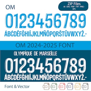 以下が含まれることがあります： フランスのサッカークラブ、オリンピック・マルセイユのデジタルフォントデザイン。フォントには、アルファベットと数字が太字の青と白のデザインで含まれています。画像には「OM 2024-2025 FONT」というテキストも含まれています。
