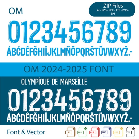 Police vecteur maillot Olympique de Marseille Ligue 1 2024-2025. Motifs vectoriels format svg, ai, pdf, ttf, eps, png.