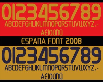 Spain 2008 jersey vector font. Vector designs in svg, ai, pdf, otf, eps, png, jpg format.