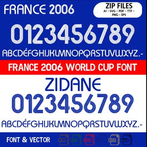 Puede incluir: Una fuente blanca con un diseño a rayas, que incluye los números del 0 al 9 y las letras del alfabeto. La fuente se coloca sobre un fondo azul con las palabras "FRANCE 2006 WORLD CUP FONT" en rojo y la palabra "ZIDANE" en blanco. El texto "ZIP FILES" está en la esquina superior derecha de la imagen, con una lista de formatos de archivo debajo. El texto "FONT & VECTOR" está en la esquina inferior izquierda de la imagen, con iconos para diferentes formatos de archivo debajo.