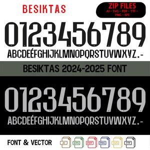 Puede incluir: Diseño de fuente en blanco y negro para la palabra "BESIKTAS" con los números del 0 al 9 y el alfabeto. La fuente es de estilo negrita y en bloque. El texto "BESIKTAS 2024-2025 FONT" también está incluido en la imagen.