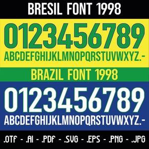 May include: A digital font design featuring the text "BRESIL FONT 1998" and "BRAZIL FONT 1998" in a bold, sans-serif typeface. The font is displayed in a green, yellow, and blue colour scheme, reminiscent of the Brazilian flag. The numbers 0-9 and the letters A-Z are shown in both uppercase and lowercase.