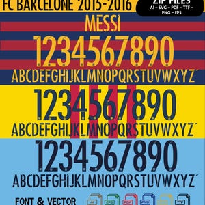 Könnte beinhalten: Ein digitaler Download einer Schriftart und einer Vektordatei mit dem Logo des FC Barcelona und dem Text "MESSI". Die Schriftart enthält die Zahlen 1-9 und 0 sowie die Buchstaben A-Z. Die Schriftart ist in einem fetten, blockartigen Stil mit einem gelben und blauen Farbschema gehalten.