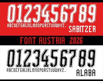 Vector font for Austria 2026 World Cup jersey, Austria 2026 typography. Vector designs in svg, ai, pdf, otf, eps, png, jpg format.