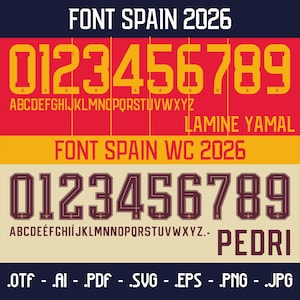 Può includere: Un design grafico con due caratteri a tema calcistico, "FONT SPAIN 2026" e "FONT SPAIN WC 2026". Ogni carattere include numeri, l'alfabeto e nomi di giocatori. I formati di file sono elencati in basso.