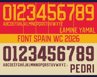 Vector font for Spain 2026 jersey, featuring Lamine Yamal, Pedri, and Rodri. Vector designs available in svg, ai, pdf, otf, eps, png, and jpg formats.