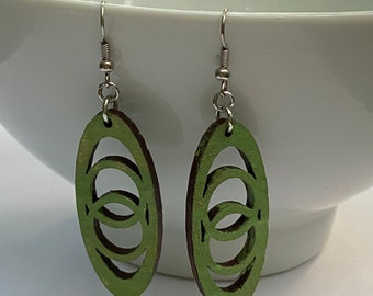 Green Geometric Oval Wood Earrings, Dangle earrings, Gifts for her, Laser cut earrings, lightweight wooden earrings